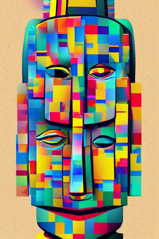 Image similar to cubist moai statue cutout digital illustration cartoon colorful beeple