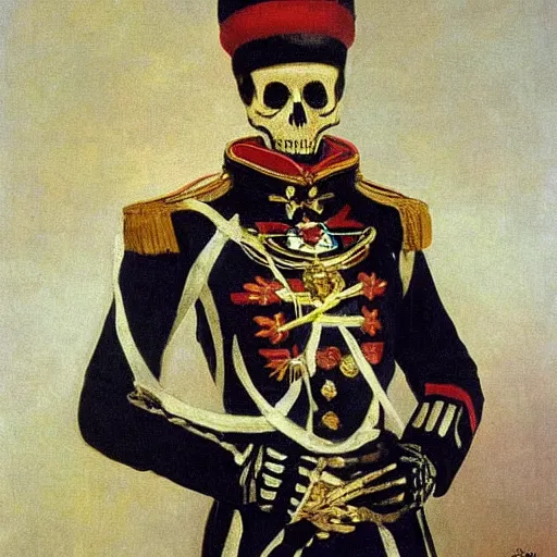 Image similar to A portrait of a skeleton in a Russian Tsar's uniform, painted by Valentin Alexandrovich Serov