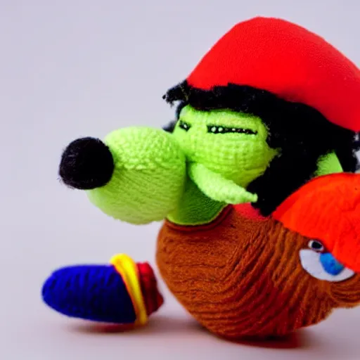 Image similar to a yarn plush doll of wario riding a yoshi