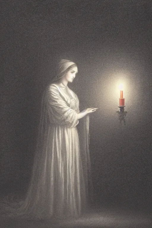 Prompt: baroque gothic woman lit by a single candle, gustave dore, 4 k resolution, concept art, mist, autumnal, chiaroscuro,