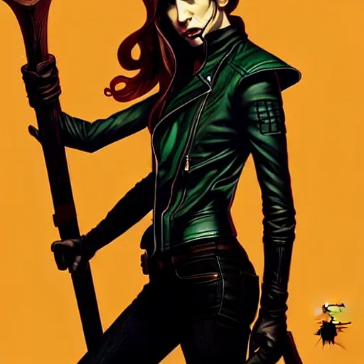 Image similar to rafael albuquerque comic art, peter mohrbacher, steve niles, artgerm, pretty taissa farmiga witch, symmetrical eyes, black leather jacket, jeans, long blonde hair