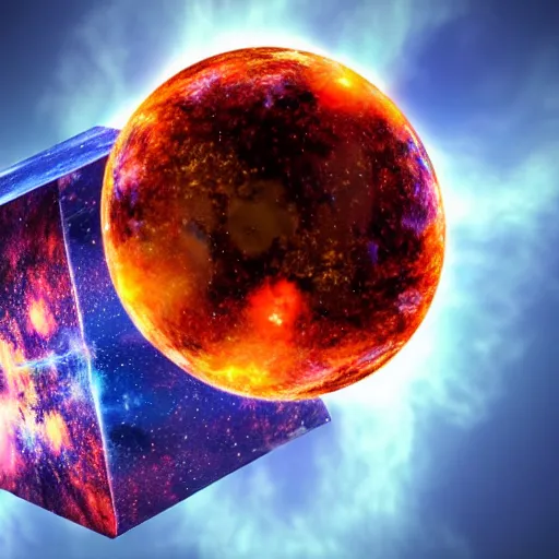 Image similar to Two Cube-Shaped Planets colliding, explosion, space, beautiful, fire