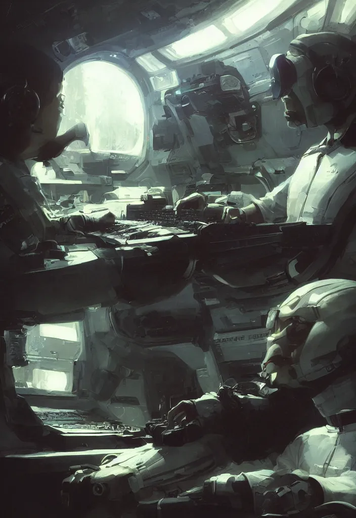 Image similar to a spaceship pilot with a black beard working on a computer, painting by Craig Mullins, octane rendering, hyperdrive lighting, wide angle lens, in the style of Hayao Miyazaki, trending on artstation, extreme contrast