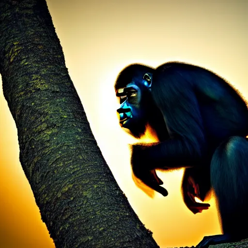 Image similar to portrait photo, rim light around fur of an ape on a tree, silhoutte, dim light, golden hour, tree top, dslr award winning photo, nikon