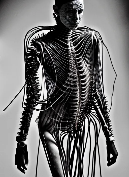 Prompt: walking down the catwalk, steven klein, mert alas and marcus piggott, show, stage, vogue photo, podium, fashion show photo, iris van herpen, beautiful woman, full body shot, masterpiece, inflateble shapes, plant predator, guyver, jellyfish, wires, veins, biomechanical details, bionic cyborg implants, colourfull