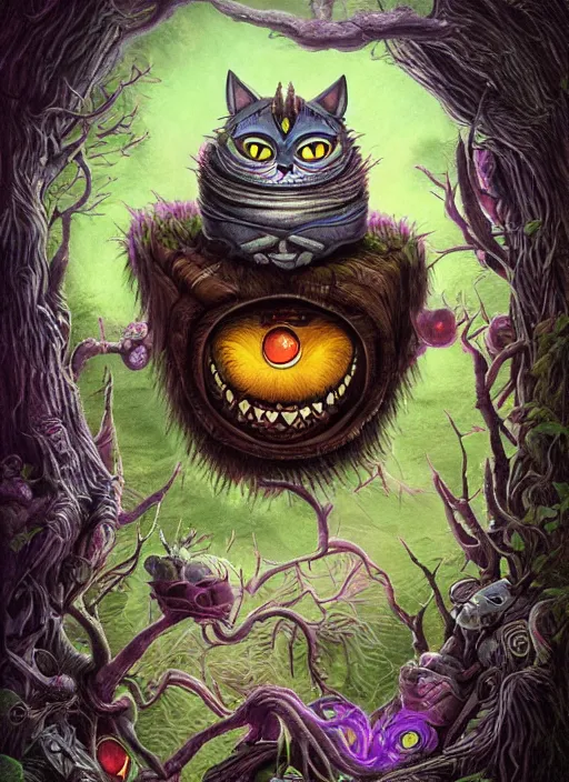 Image similar to cheshire cat the fool tarot card, highly detailed, half skull face, cinematic, 8 k, bymegan duncanson, benjamin lacombe, naoto hattori, adrian borda, giger, trending on deviantart, hyper detailed, horror, full of colour