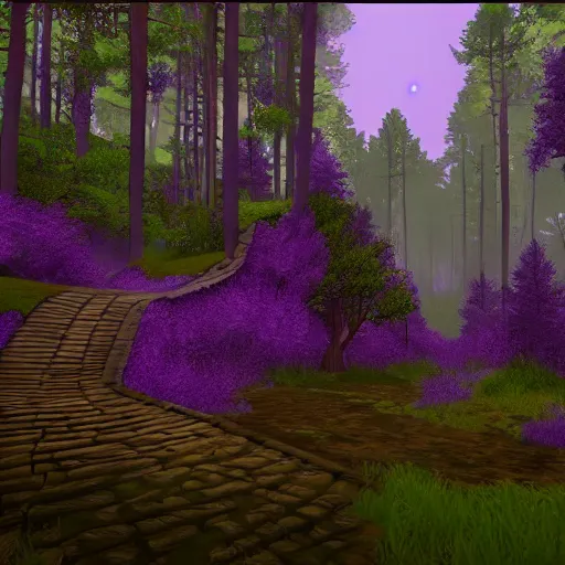 Image similar to warrior cats forest location, path, dark, purple a bit, unreal engine