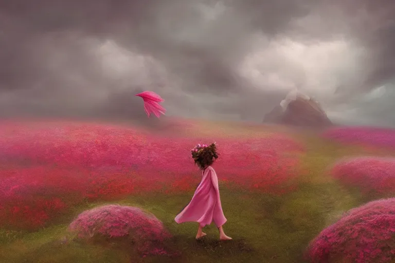 Image similar to giant dahlia flower crown under head, girl walking on mountain, surreal photography, pink and grey storm clouds, dramatic light, impressionist painting, digital painting, artstation, simon stalenhag