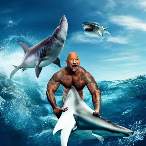 Prompt: photo of Dwayne Johnson yelling and riding a shark in the middle of the ocean, full shot, highly detailed face