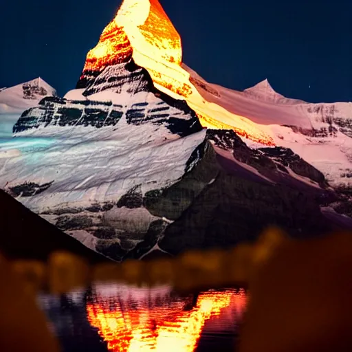 Image similar to a photo at nighttime of a powerful llumination of the matterhorn in the colors of indian flag, orange top, white middle, green base. projected illuminated on the matterhorn mountain at night