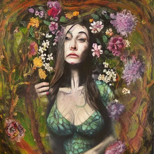 Image similar to portrait of a beautiful woman corpse covered in flowers in the middle of a Forest, ray gods, oil paint,