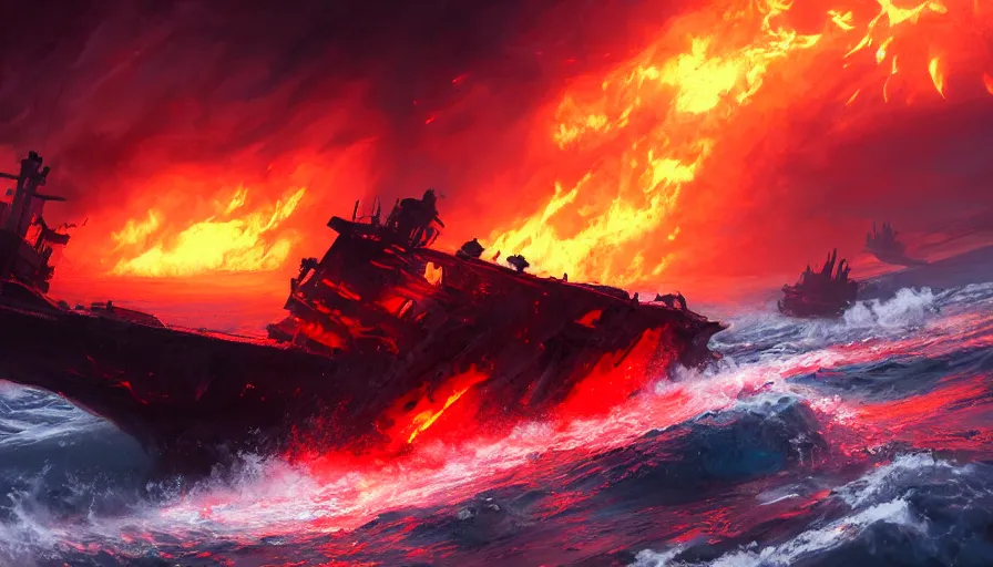 Prompt: Realistic concept art of a burning boat attacked by demons in the middle of the ocean with dark and red sky, hyperdetailed, artstation, cgsociety, 8k