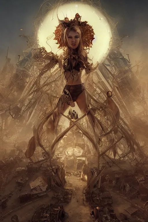 Image similar to a centered photo of a post apocalyptic goddess at burning man festival playa, powerful, cinematic, beautifully lit, by artgerm, by craig mullins, by karol bak, 3 d, perfect face and body, trending on artstation, octane render, 8 k