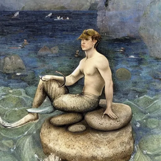 Prompt: male sherlock holmes mermaid with a big tail and sitting on a stone at the bottom of the sea in the style of jules bastien - lepage