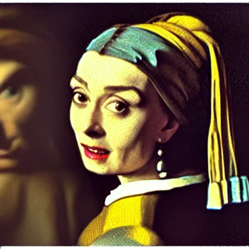 Prompt: das gemalde das madchen mit dem perlohrring von jan vermeer mit dem gesicht von audrey hepburn.