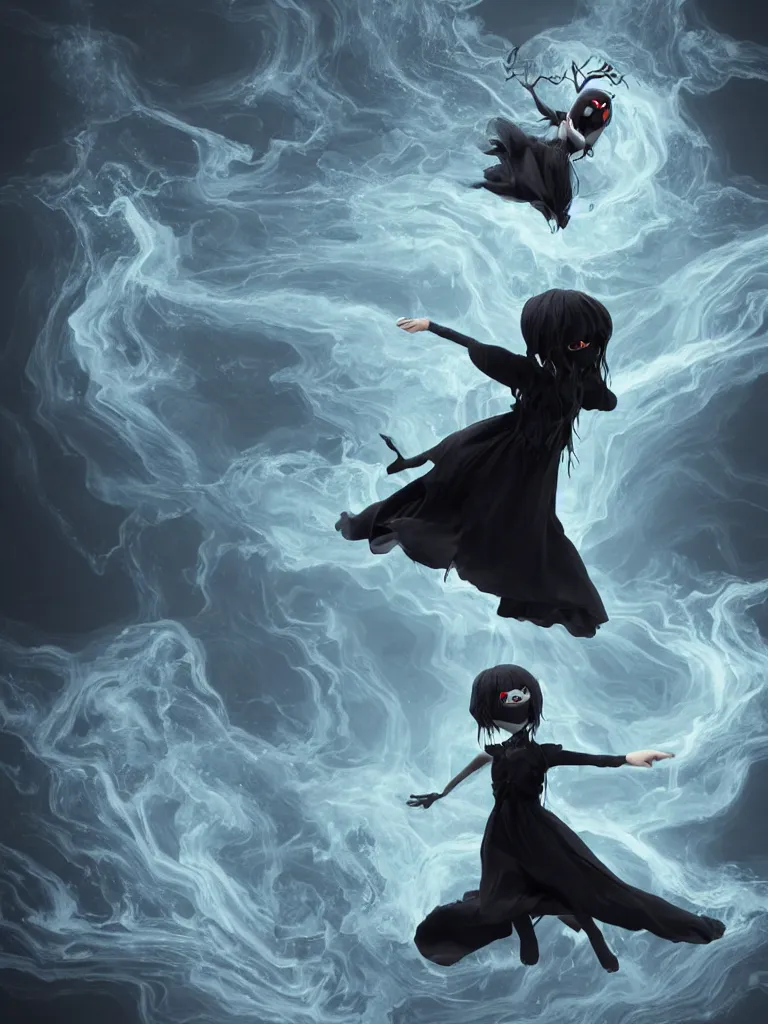 Prompt: cute fumo plush of a cursed frail witch girl jumping into an inky black reflective pond of blackness swirling with strange energetic fluid, volumetric smoke and fog, diving splash, goth, vignette, vray