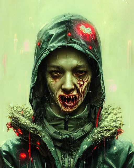 Prompt: detailed portrait, zombie, rain, cyberpunk futuristic neon, reflective puffy coat, decorated with traditional japanese ornaments by ismail inceoglu dragan bibin hans thoma greg rutkowski alexandros pyromallis nekro rene maritte illustrated, perfect face, fine details, realistic shaded, fine - face, pretty face