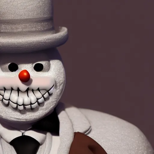 Image similar to a highly detailed humanoid snowman in business suit with black eyes and mouth, no nose, hyperrealism, professional, octane render, digital art