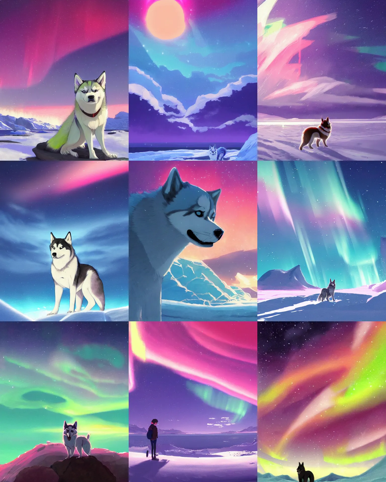 Prompt: anime painting of a husky exploring the arctic, illuminated by the beautiful pink-orange and green northern lights in the night sky above them, by makoto shinkai, tranquil, trending on artstation, kimi no na wa