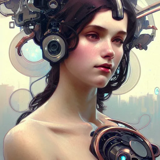 Image similar to portrait of beautiful girl with robot body by artgerm and greg rutkowski and alphonse mucha, close up, portrait, cinematic, elegant, artstation, intricate, highly detailed, digital painting, artstation, concept art, sharp focus, illustration, cyberpunk, cgsociety, 8 k