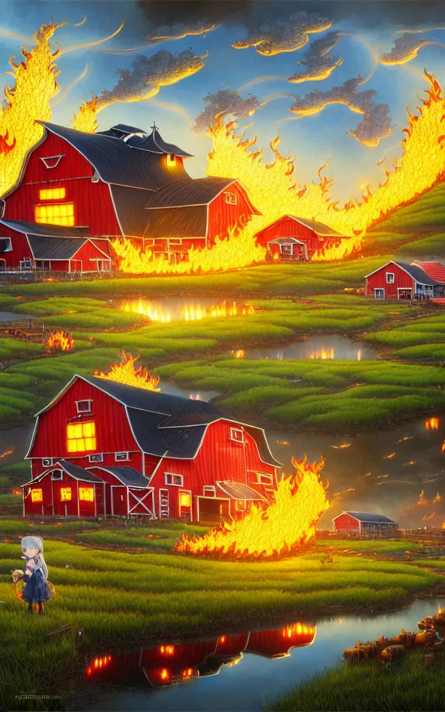 Image similar to wide view of a farm ,reflections of fire clouds, fantasy, intricate, richly detailed colored 3D illustration of a beautiful ornated happy farm with background with completely rendered reflections, art by Range Murata and Artgerm highly detailed, digital painting, trending on artstation, sharp focus, D&D, illustration, style of Stanley Artgerm, perfect smile vogue, awards, model,