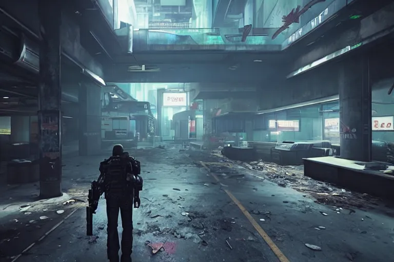 Image similar to hyper realistic fps game trailer on a abandoned cyberpunk shopping mall, a crew of high tech soldiers are in, cinematic lightning, ray tracing, unreal engine, photorealistic fps game concept art, detailed, dark, moody, foggy