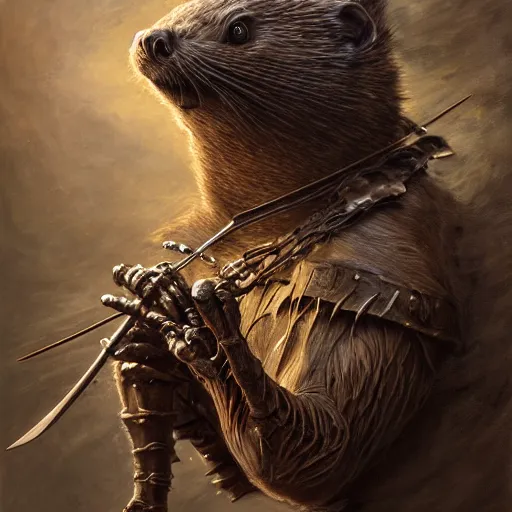 Image similar to a beautiful detailed 3d matte portrait of a ninja beaver, by ellen jewett, by tomasz alen kopera, by Justin Gerard, ninja outfit, visible beaver tail, shiny katana sword, dollar bills, ominous, magical realism, texture, intricate, skeleton, whirling smoke, radiant colors, fantasy, volumetric lighting, high details