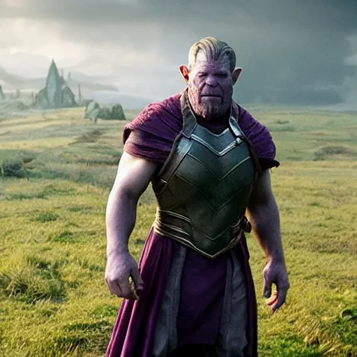 Prompt: movie still of Thanos as a hobbit in Lord of the Rings