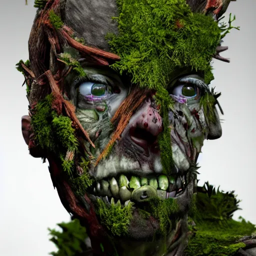 Prompt: a zombie made of driftwood, moss and flowers in New York, cinematic, photo realistic, concept art, well detailed, 8k,