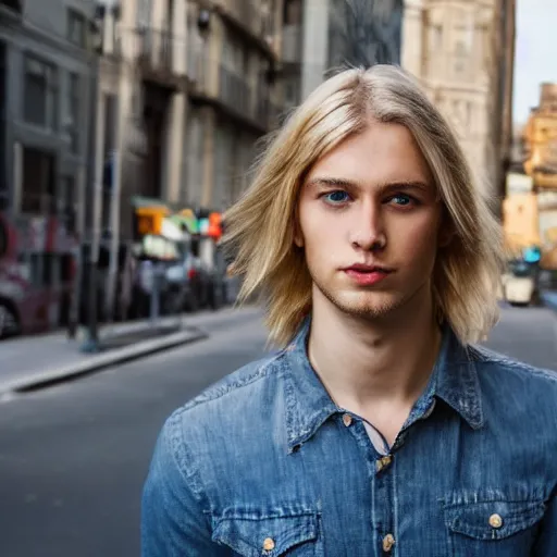 Image similar to a beautiful young man, blond, long hair, blue eyes, fair skin, in the middle of the city