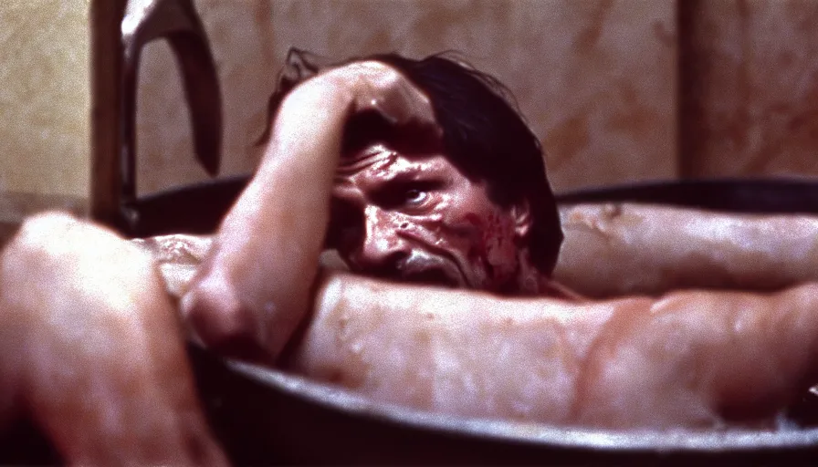 Image similar to 1 9 6 0 s movie still by tarkovsky of marat stabbed in his bath, cinestill 8 0 0 t 3 5 mm b & w, high quality, heavy grain, high detail, panoramic, cinematic composition, dramatic light, anamorphic, jacques louis david style, raphael style, piranesi style, bloody