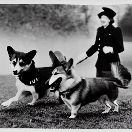 Image similar to historical photo of queen elizabeth and her corgis defeating hitler in battle, natural sunlight, sharp focus, highly detailed, depth of field