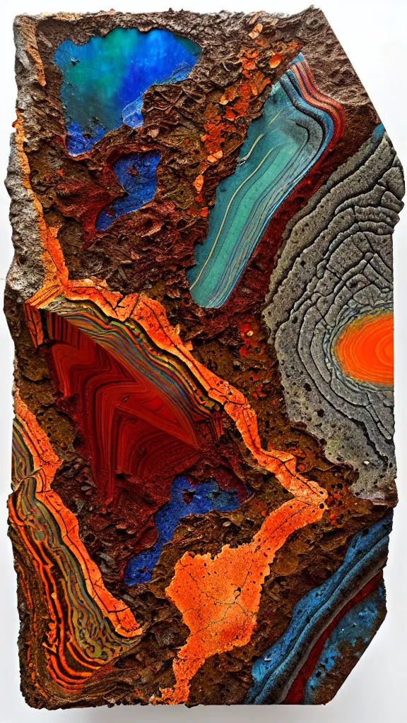 Prompt: vivid color, folded, tessellated planes of rock, alien sedimentary schematic, igneous rock, marbled veins, macro photography, 3D!!! diorama!!!!!!, depth of field with a patina of inlaid circuitry, layers of strata, mineral grains, dramatic lighting, rock texture, sand by James jean, geology, octane render in the style of Luis García Mozos