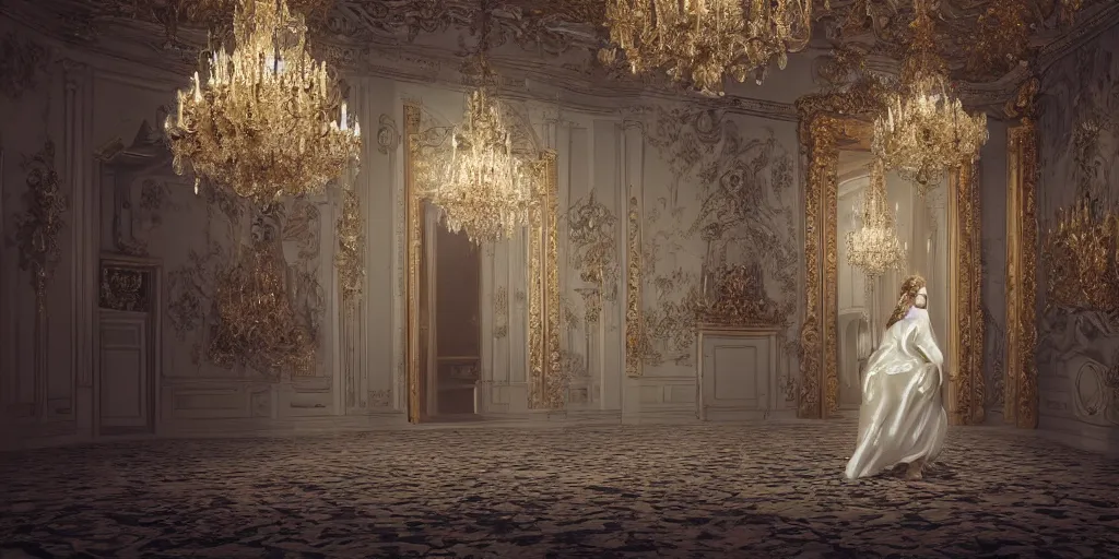 Prompt: highly detailed photo of a baroque dreamy room with a long flowery hair princess walking, cinematic lighting, intricate, 4k resolution, elegant