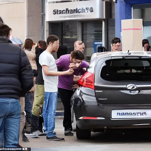 Image similar to car-manipulator picks up one person from a queue of people looking for a store