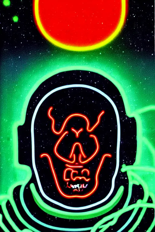 Image similar to astronaut with neon glowing skull 1 9 6 0 s color _ bleed _ video compression video glitch vhs footage akira kurosawa mamoru oshii wes anderson