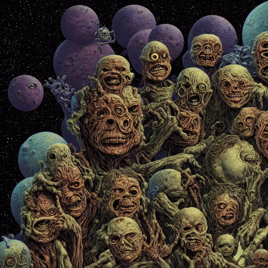 Prompt: detailed image of a creepy family in the deep space by richard corben, rich deep colors. masterpiece . intricate artwork, very coherent symmetrical artwork, cinematic, hyper realism, high detail, octane render, unreal engine, 8k, Vibrant colors, Smooth gradients, High contrast, depth of field. by Katsuhiro Otomo, full body character drawing, inspired by Evangeleon, clean ink detailed line drawing, intricate detail, extremely detailed.