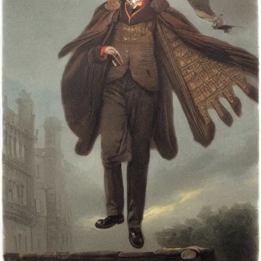 Prompt: Owl-faced man in a noble outfit soaring above the streets of a Victorian London at dusk, atmospheric painting, etheral