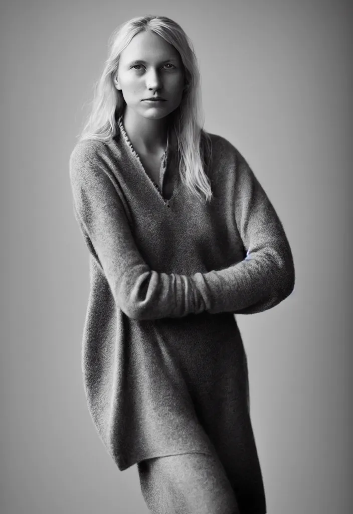 Image similar to portrait of a beautiful young scandinavian woman. casual clothing. studio photo by annie leibovitz.