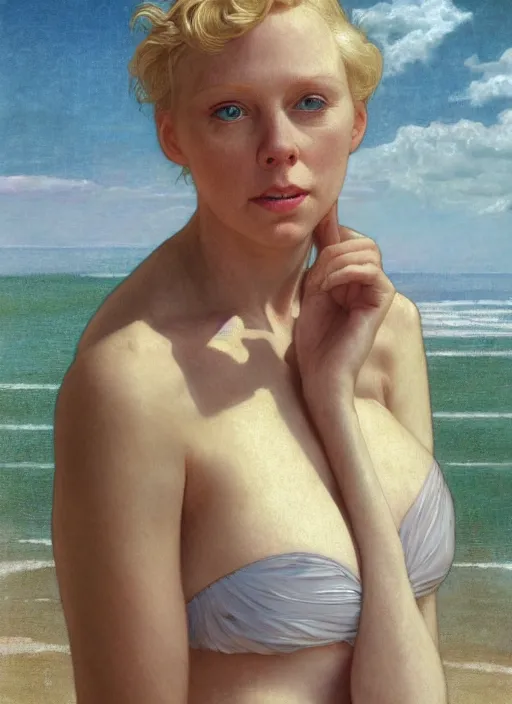 Image similar to portrait Gwendoline Christie as sea lifeguard on the beach, full length shot, shining, 8k highly detailed, sharp focus, illustration, art by artgerm, mucha, bouguereau