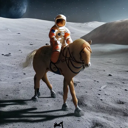 Prompt: professional photo of astronaut riding a horse on the moon, low angle shot, hyperrealistic masterpiece, trending on artstation, cgsociety, kodakchrome, golden ratio, cinematic, composition, beautiful lighting, hyper detailed, octane render, 4 k, unreal engine