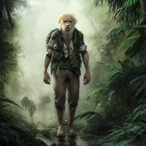 Image similar to commission portrait of a male anthro albino lion,wearing cargo pants and a boack t-shirt,going through a jungle cautiously.dramatic,character design by charles bowater,greg rutkowski,ross tran,hyperdetailed,hyperrealistic,4k,deviantart,artstation,professional photography,concept art