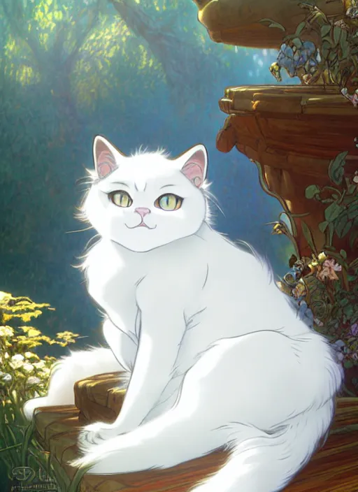 Prompt: fluffy white cat, natural lighting, path traced, highly detailed, high quality, cartoon, digital painting, by don bluth and ross tran and studio ghibli and alphonse mucha