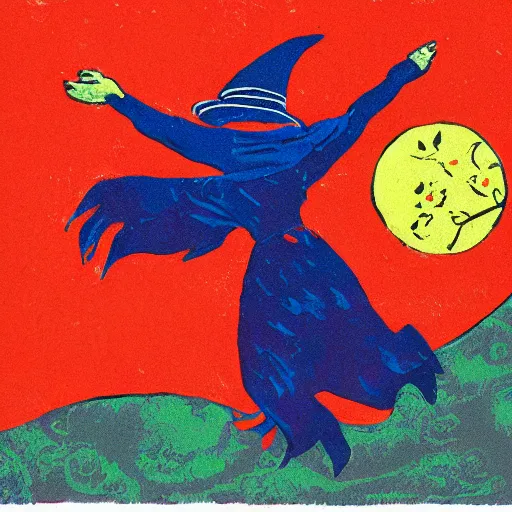 Image similar to colorful printmaking of a witch flying