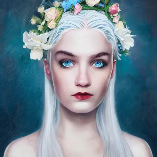 Prompt: a pale girl with white hair wears floral crown, sad blue eyes, cinematic lighting, ultra detailed, grand master oil painting