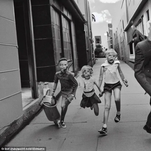 Image similar to in the style of 1960s, A scary robot is chasing after a couple of kids down the ally