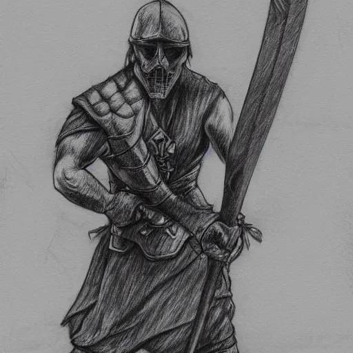 Prompt: a Ballpoint pen art sketch of an executioner holding a big axe, full body