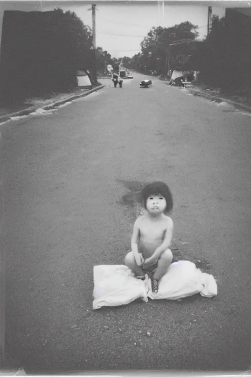 Prompt: photo polaroid of a sad and lonely child in the middle of a small street where there are tents of field hospitals all around, pandemic, loneliness, black and white ,photorealistic, 35mm film,