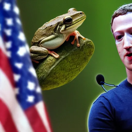 Prompt: mark zuckerberg introducing the Facebook Frog: a live frog