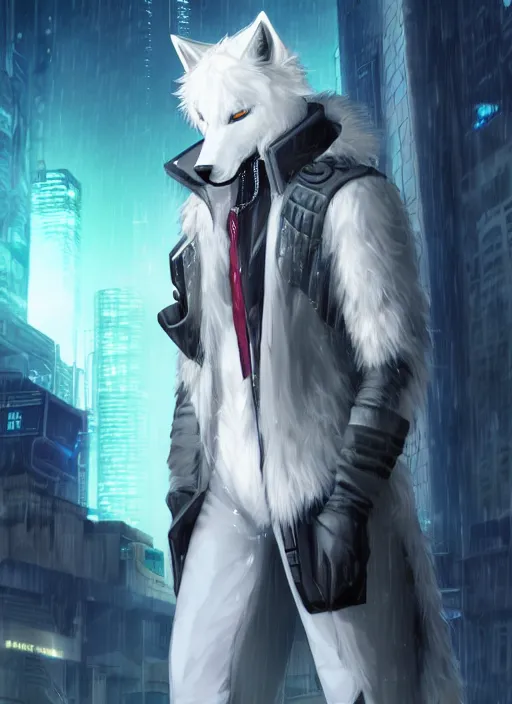 Image similar to character portrait of a male anthro white wolf fursona with a tail and a cute beautiful attractive furry face wearing stylish cyberpunk clothes in a cyberpunk city at night while it rains. hidari, color page, tankoban, 4K, tone mapping, Akihiko Yoshida.